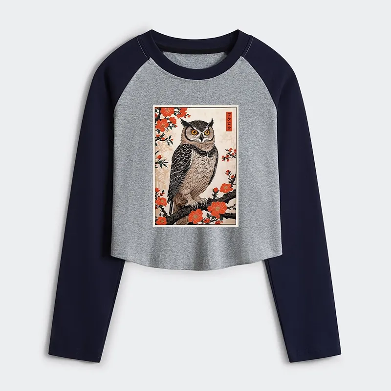 Tokyo-Tiger Vintage Japanese Owl Women's Crop Raglan T-Shirt
