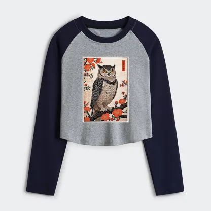 Tokyo-Tiger Vintage Japanese Owl Women's Crop Raglan T-Shirt