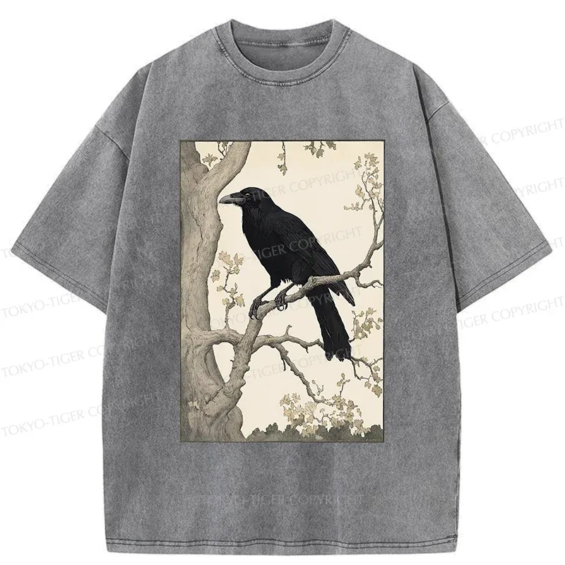 Tokyo-Tiger Ancient Painting Of Crow Washed T-Shirt