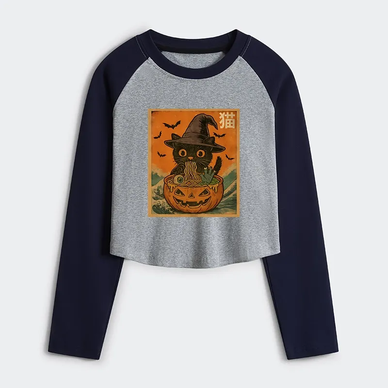 Tokyo-Tiger Halloween Cat Eating Ramen Women's Crop Raglan T-Shirt