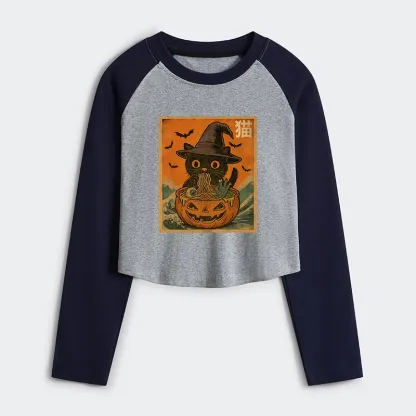 Tokyo-Tiger Halloween Cat Eating Ramen Women's Crop Raglan T-Shirt