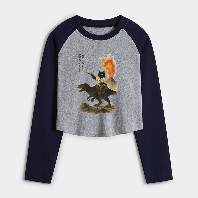 Tokyo-Tiger Cat Riding A Dinosaur Women's Crop Raglan T-Shirt
