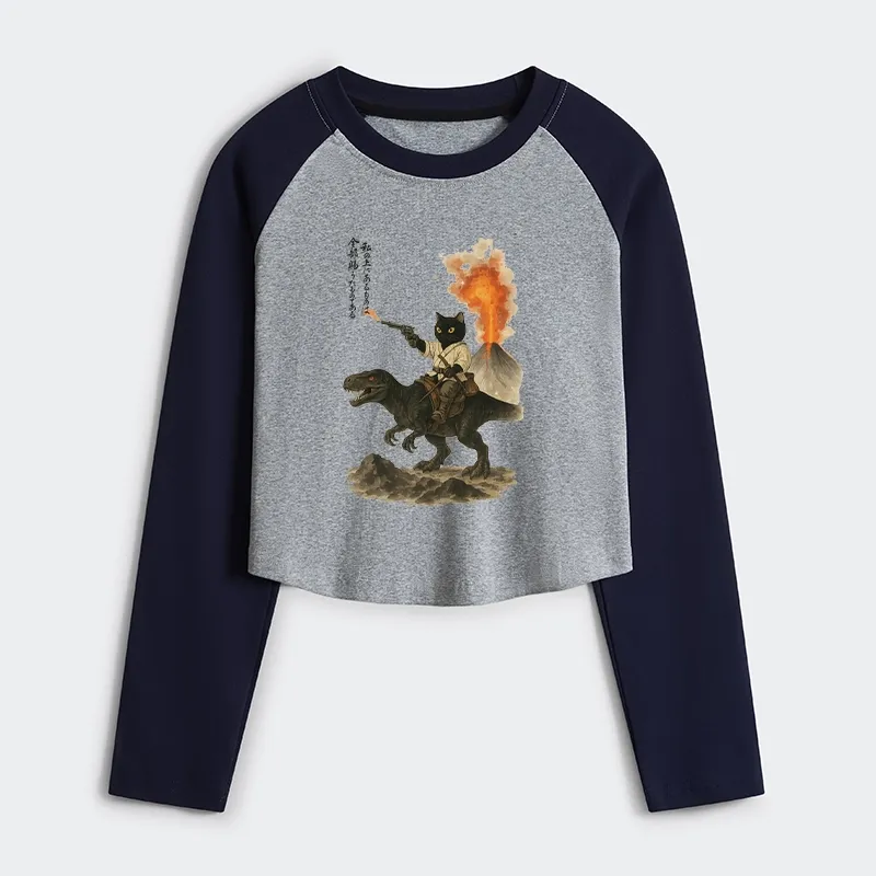 Tokyo-Tiger Cat Riding A Dinosaur Women's Crop Raglan T-Shirt
