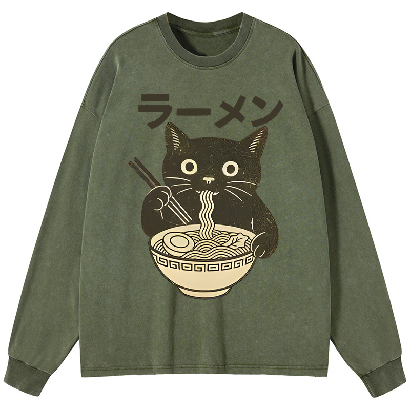 Tokyo-Tiger Simple Black Cat Eating Ramen Washed Long Sleeve T-Shirt