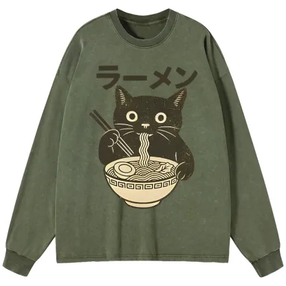 Tokyo-Tiger Simple Black Cat Eating Ramen Washed Long Sleeve T-Shirt