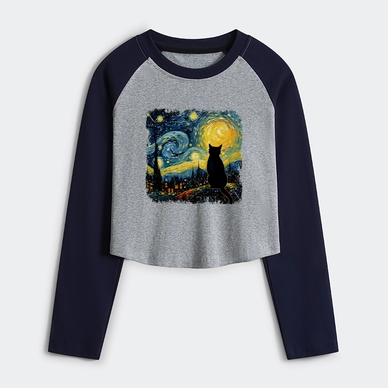 Tokyo-Tiger The Starry Night Cat Women's Crop Raglan T-Shirt