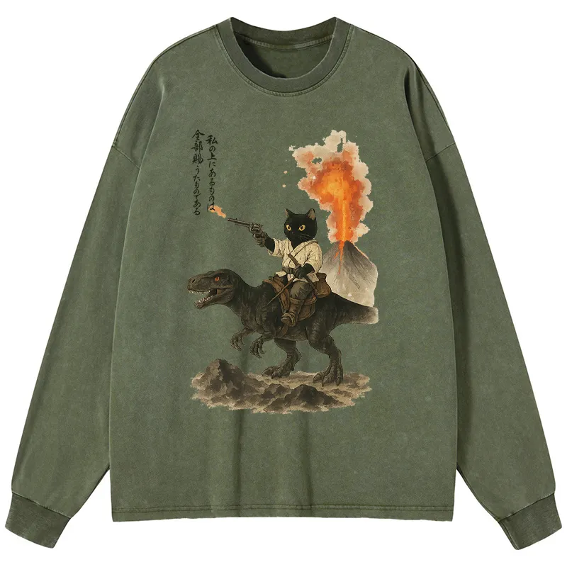 Tokyo-Tiger Cat Riding A Dinosaur Washed Long Sleeve T-Shirt