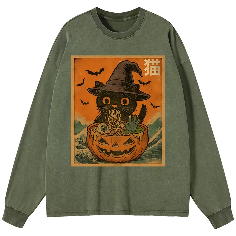 Tokyo-Tiger Halloween Cat Eating Ramen Washed Long Sleeve T-Shirt