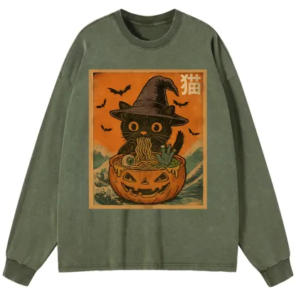 Tokyo-Tiger Halloween Cat Eating Ramen Washed Long Sleeve T-Shirt