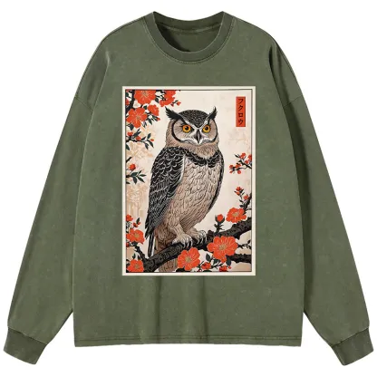 Tokyo-Tiger Vintage Japanese Owl Washed Long Sleeve T-Shirt