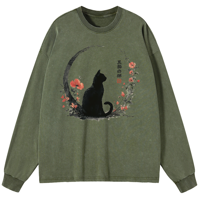Tokyo-Tiger Black Cat And Flowers Washed Long Sleeve T-Shirt