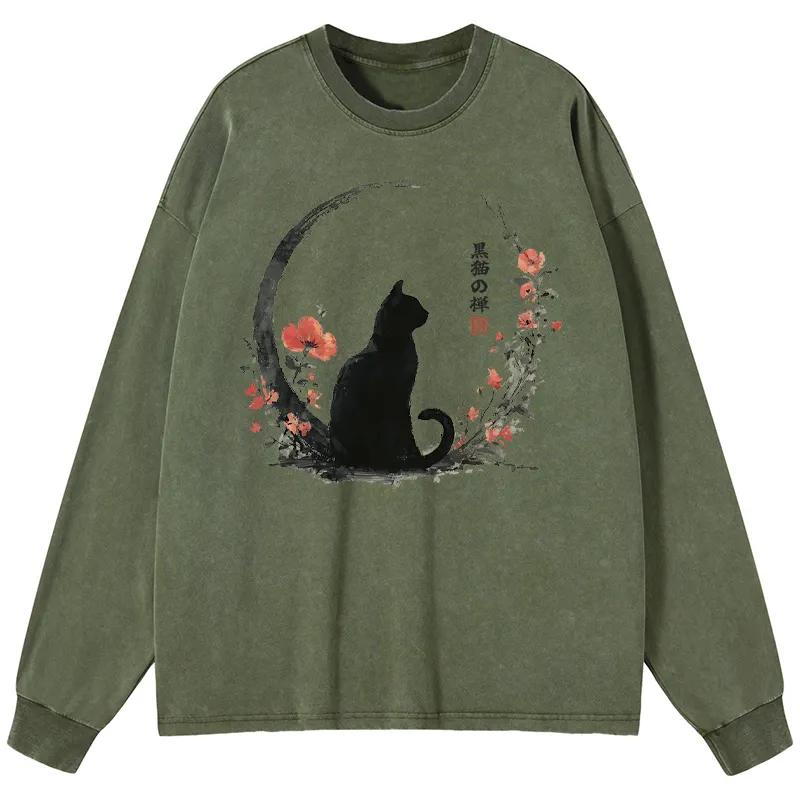 Tokyo-Tiger Black Cat And Flowers Washed Long Sleeve T-Shirt