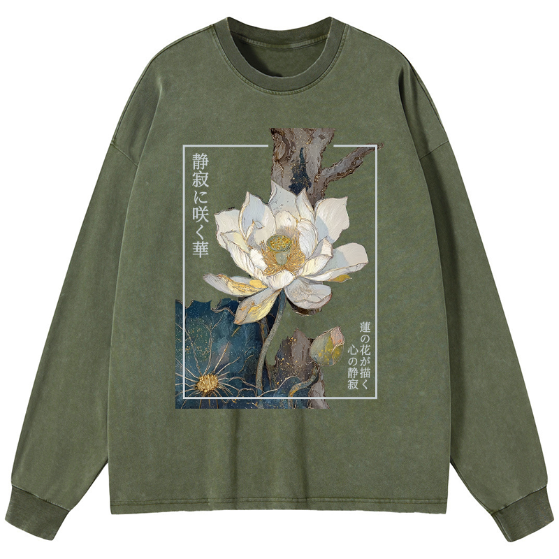 Tokyo-Tiger Blooming Lotus Japan Washed Long Sleeve T-Shirt