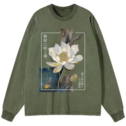 Tokyo-Tiger Blooming Lotus Japan Washed Long Sleeve T-Shirt