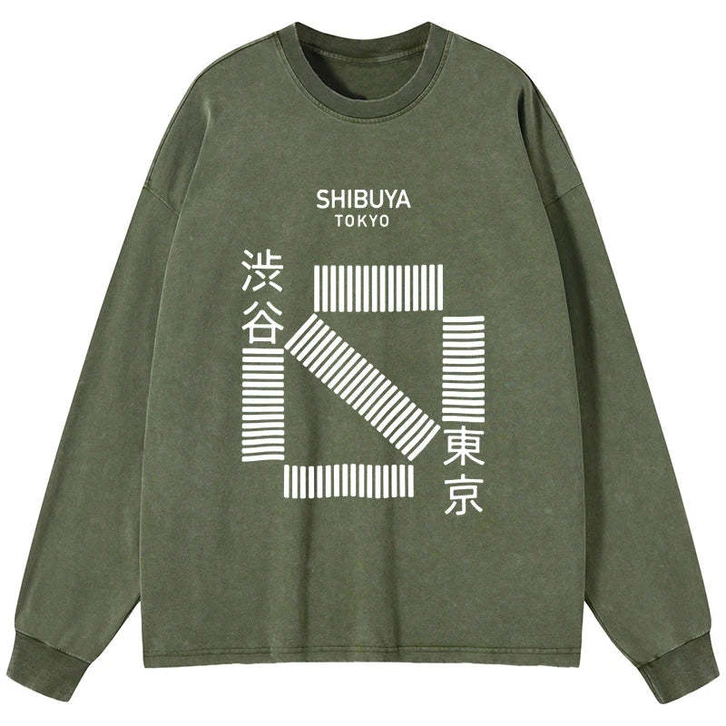 Tokyo-Tiger Japanese Shibuya Crossing Washed Long Sleeve T-Shirt