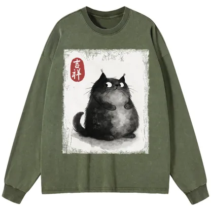 Tokyo-Tiger Auspicious Fluffy Black Cat Ink Painting Washed Long Sleeve T-Shirt