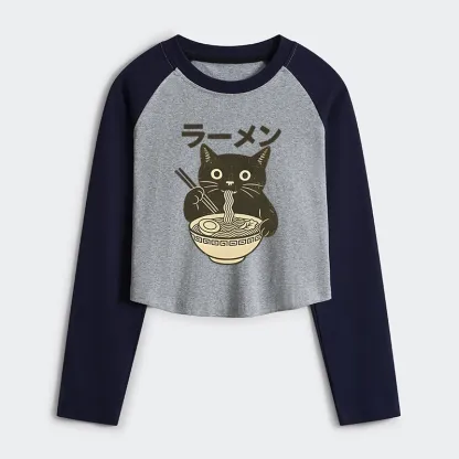 Tokyo-Tiger Simple Black Cat Eating Ramen Women's Crop Raglan T-Shirt