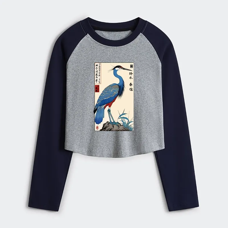 Tokyo-Tiger Colorful Crane Women's Crop Raglan T-Shirt