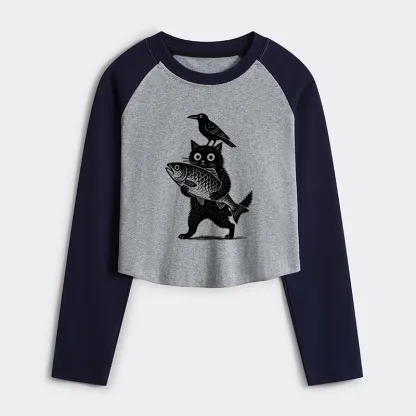 Tokyo-Tiger Black Animals Funny Women's Crop Raglan T-Shirt