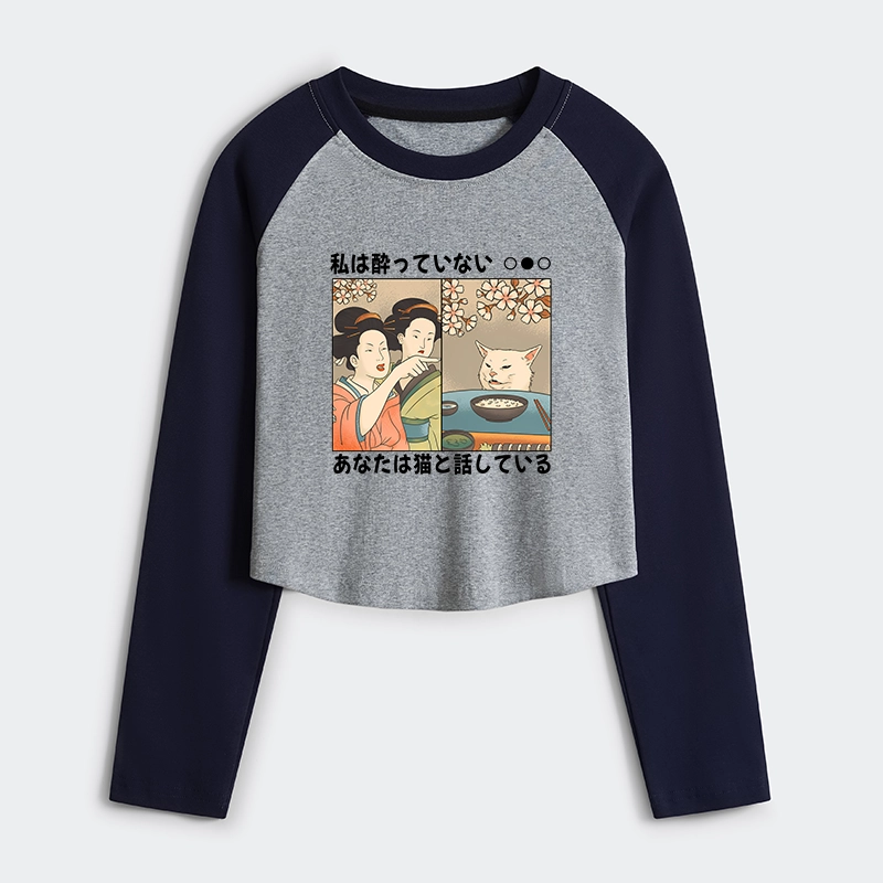 Tokyo-Tiger Japanese Woman Shouting at a Cat Women's Crop Raglan T-Shirt