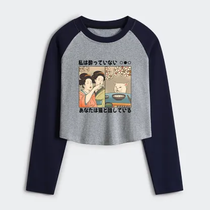 Tokyo-Tiger Japanese Woman Shouting at a Cat Women's Crop Raglan T-Shirt