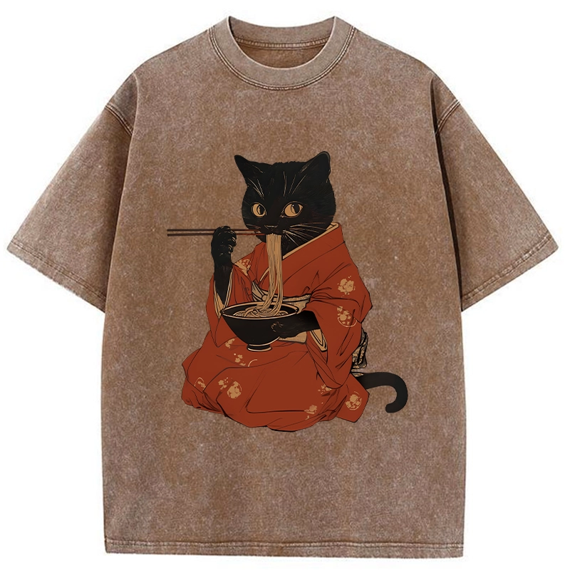 Tokyo-Tiger Cat Addicted To Ramen Washed T-Shirt