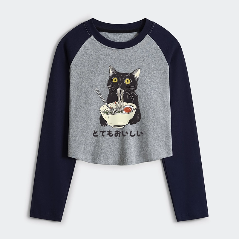 Tokyo-Tiger Cats Eat Ramen Women's Crop Raglan T-Shirt