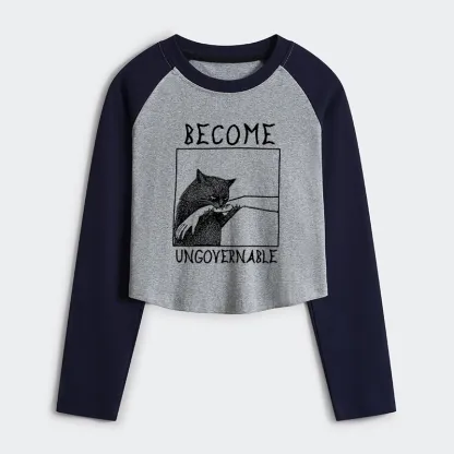 Tokyo-Tiger Cat Biting Arm Women's Crop Raglan T-Shirt