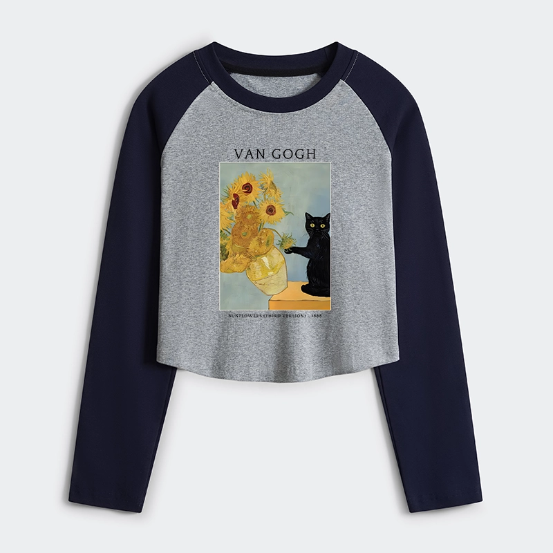 Tokyo-Tiger Black Cat With Sunflowers Women's Crop Raglan T-Shirt