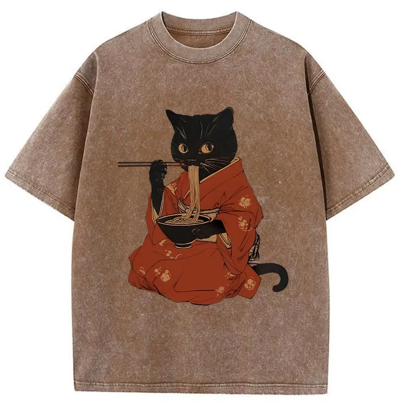 Tokyo-Tiger Cat Addicted To Ramen Washed T-Shirt