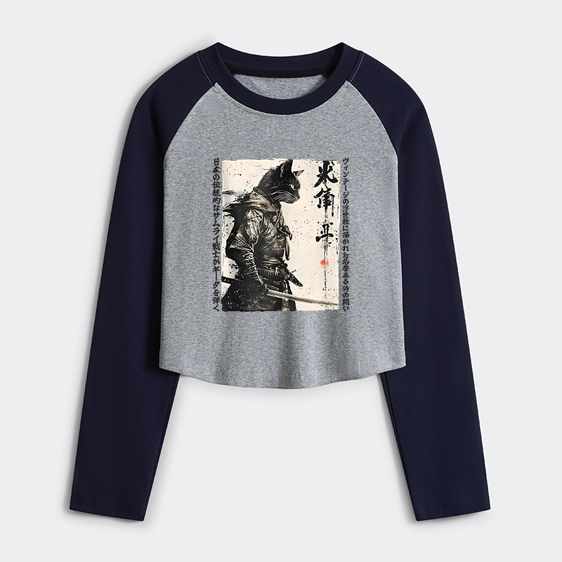 Tokyo-Tiger Cat Samurai Retro Women's Crop Raglan T-Shirt