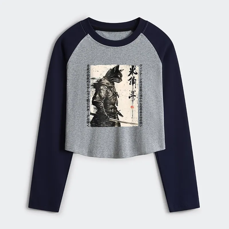 Tokyo-Tiger Cat Samurai Retro Women's Crop Raglan T-Shirt