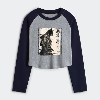 Tokyo-Tiger Cat Samurai Retro Women's Crop Raglan T-Shirt