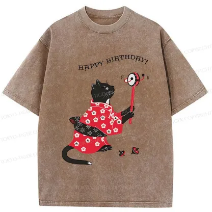 Tokyo-Tiger Birthday Cat Washed T-Shirt