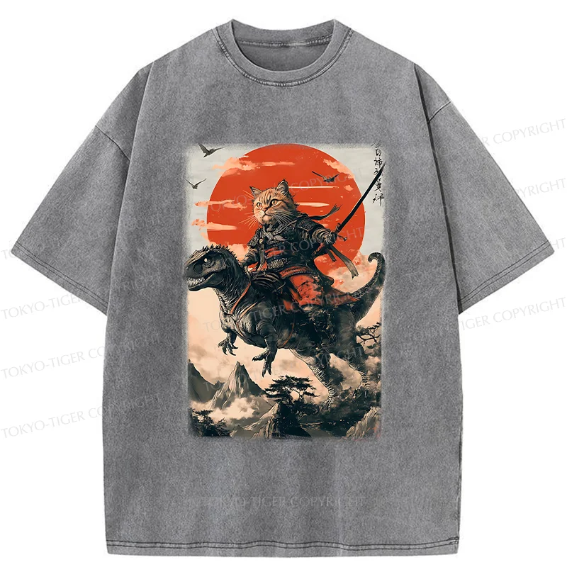 Tokyo-Tiger Brave Cat Samurai Washed T-Shirt
