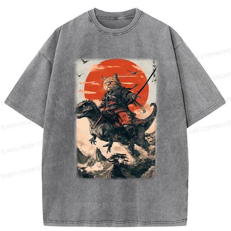 Tokyo-Tiger Brave Cat Samurai Washed T-Shirt
