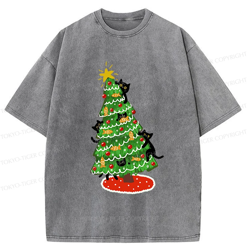 Tokyo-Tiger Christmas Tree Full Of Black Cats Washed T-Shirt