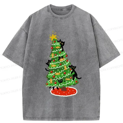 Tokyo-Tiger Christmas Tree Full Of Black Cats Washed T-Shirt