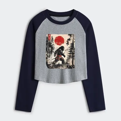Tokyo-Tiger Japanese Samurai Bigfoot Women's Crop Raglan T-Shirt