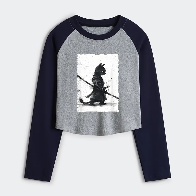 Tokyo-Tiger Retro Cat Samurai Japanese Women's Crop Raglan T-Shirt