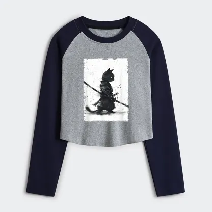 Tokyo-Tiger Retro Cat Samurai Japanese Women's Crop Raglan T-Shirt