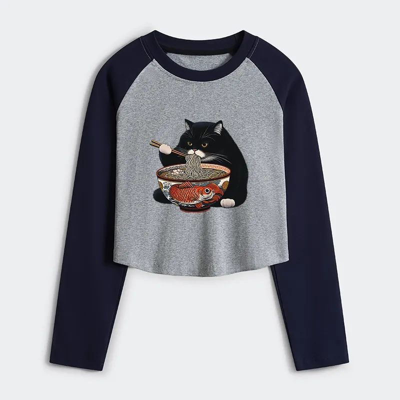 Tokyo-Tiger Fat Cat Eating Ramen Women's Crop Raglan T-Shirt