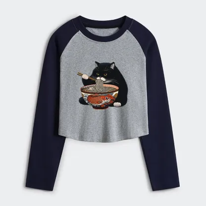Tokyo-Tiger Fat Cat Eating Ramen Women's Crop Raglan T-Shirt