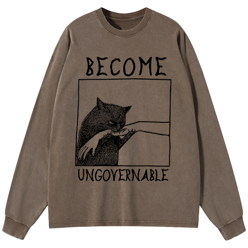 Tokyo-Tiger Cat Biting Arm Washed Long Sleeve T-Shirt