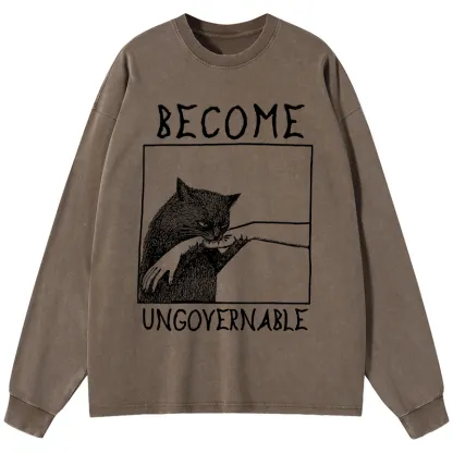 Tokyo-Tiger Cat Biting Arm Washed Long Sleeve T-Shirt