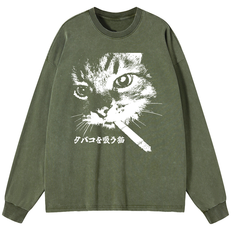Tokyo-Tiger Retro Cat Smoking Washed Long Sleeve T-Shirt