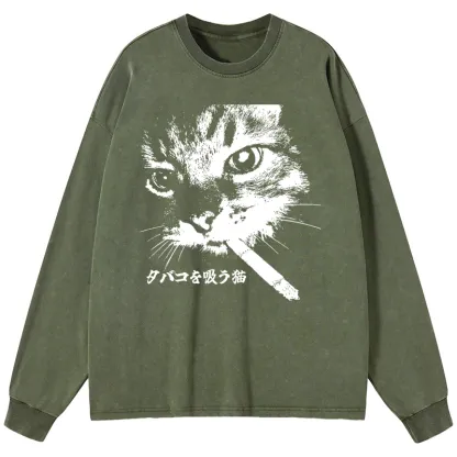Tokyo-Tiger Retro Cat Smoking Washed Long Sleeve T-Shirt