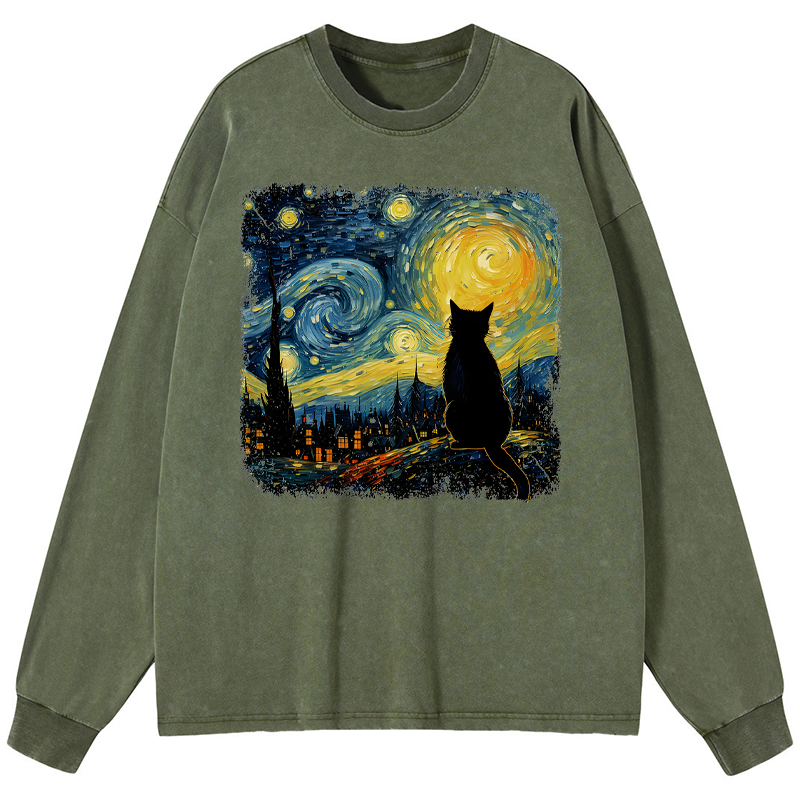 Tokyo-Tiger The Starry Night Cat Washed Long Sleeve T-Shirt