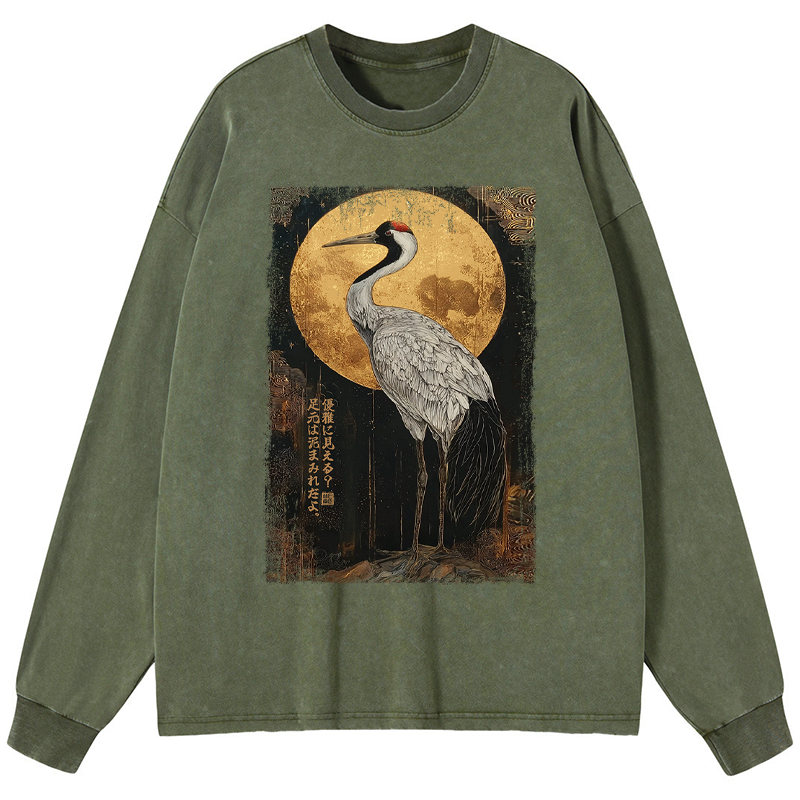 Tokyo-Tiger Vintage Japanese Crane Kanji Washed Long Sleeve T-Shirt