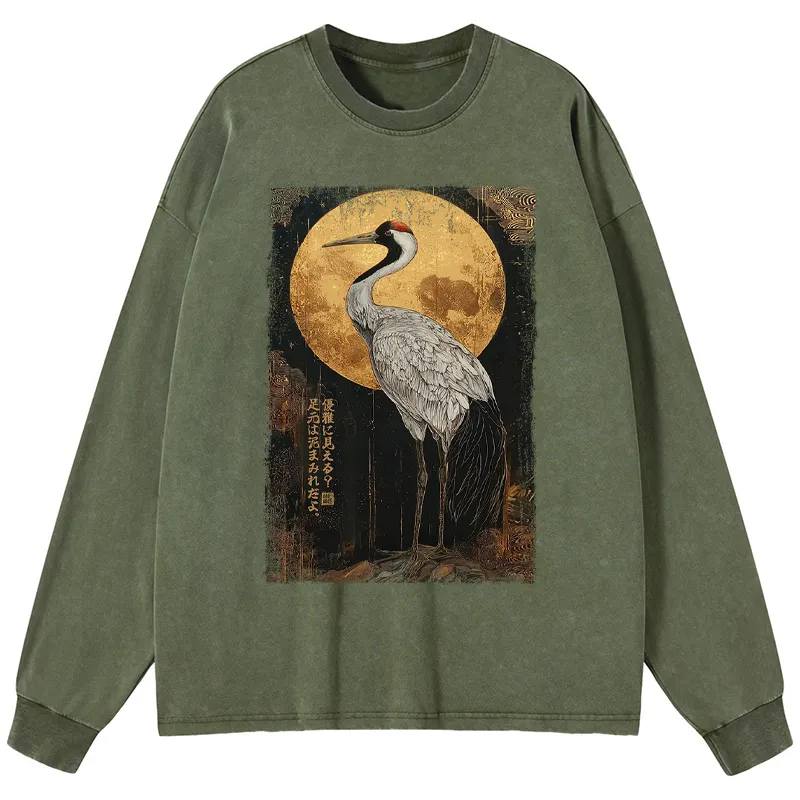 Tokyo-Tiger Vintage Japanese Crane Kanji Washed Long Sleeve T-Shirt